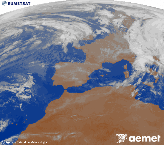 Imagen de la zona de Europa y Norte de frica del canal infrarrojo del satlite Meteosat operacional en 0N 0W, procesada para darle color. Monday, 3 November  2025 01:00
