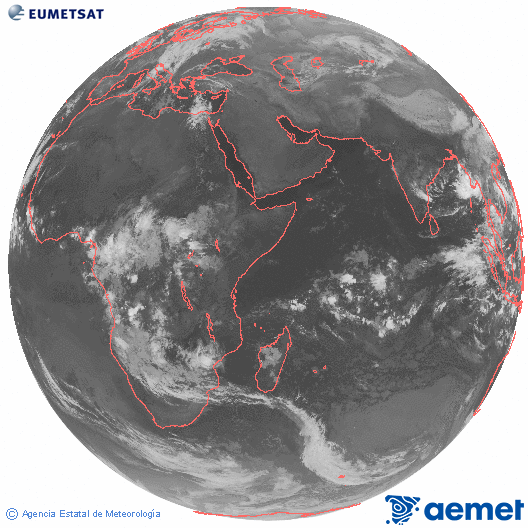 Ocano ndico. Imagen global del canal infrarrojo (10.8μm) de Meteosat, perteneciente a la serie MSG (Meteosat Segunda Generacin) y situado en 41.5° E. lunes, 03 noviembre 2025 a las 01:00