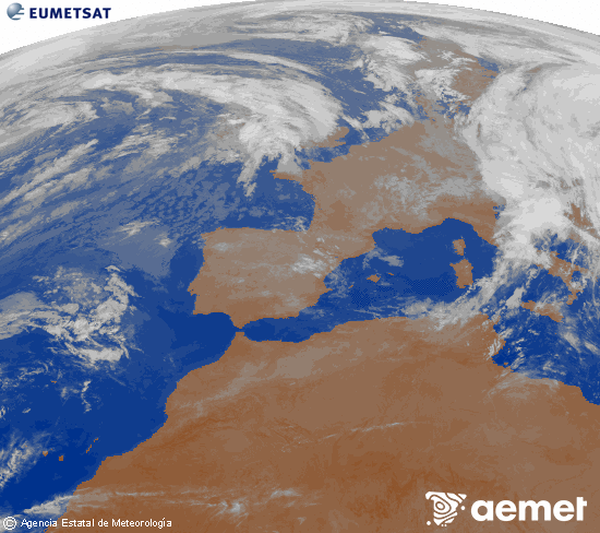 Imagen de la zona de Europa y Norte de frica del canal infrarrojo del satlite Meteosat operacional en 0N 0W, procesada para darle color. Monday, 3 November  2025 02:00