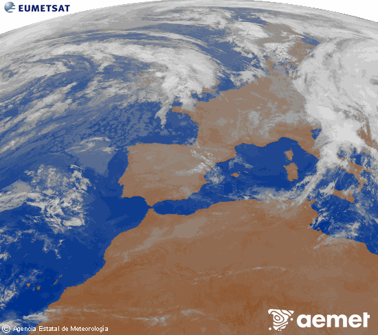 Imagen de la zona de Europa y Norte de frica del canal infrarrojo del satlite Meteosat operacional en 0N 0W, procesada para darle color. Monday, 3 November  2025 03:00