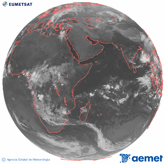 Ocano ndico. Imagen global del canal infrarrojo (10.8μm) de Meteosat, perteneciente a la serie MSG (Meteosat Segunda Generacin) y situado en 41.5° E. lunes, 03 noviembre 2025 a las 04:00
