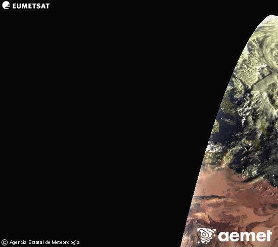 Esta imaxe xrase utilizando informacin das canles visibles do satlite METEOSAT pertencente  segunda xeracin de satlites  Meteosat (MSX). Por ese motivo, s hai informacin na zona iluminada polo sol. Ademais, as canles foron normalizadas para que o brillo non dependa da posicin do sol. luns, 3 novembro  2025 07:00