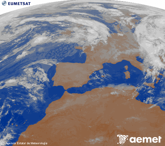 Imaxe da zona de Europa e Norte de frica da canle infravermella do satlite Meteosat operacional en 0N 0W, procesada para darlle cor. luns, 3 novembro  2025 07:00