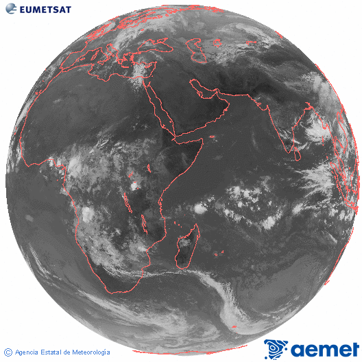 Ocano ndico. Imagen global del canal infrarrojo (10.8μm) de Meteosat, perteneciente a la serie MSG (Meteosat Segunda Generacin) y situado en 41.5° E. lunes, 03 noviembre 2025 a las 07:00