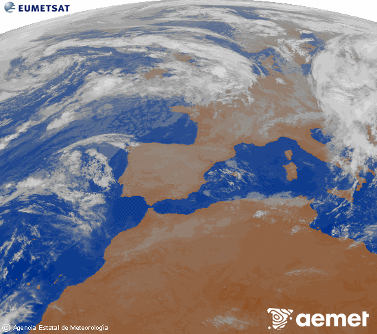 Imaxe da zona de Europa e Norte de frica da canle infravermella do satlite Meteosat operacional en 0N 0W, procesada para darlle cor. luns, 3 novembro  2025 08:00