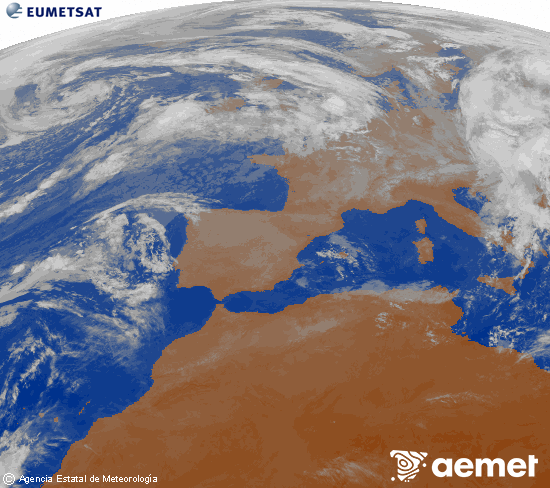 Imaxe da zona de Europa e Norte de frica da canle infravermella do satlite Meteosat operacional en 0N 0W, procesada para darlle cor. luns, 3 novembro  2025 09:00