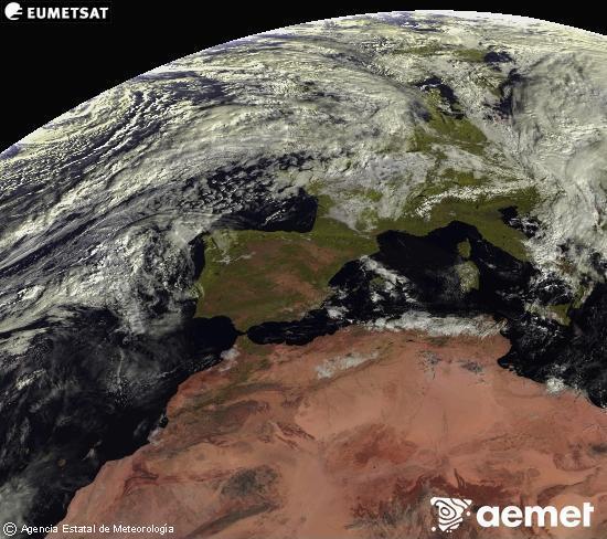 Esta imaxe xrase utilizando informacin das canles visibles do satlite METEOSAT pertencente  segunda xeracin de satlites  Meteosat (MSX). Por ese motivo, s hai informacin na zona iluminada polo sol. Ademais, as canles foron normalizadas para que o brillo non dependa da posicin do sol. luns, 3 novembro  2025 10:00