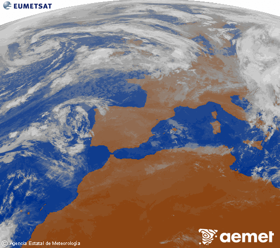 Imaxe da zona de Europa e Norte de frica da canle infravermella do satlite Meteosat operacional en 0N 0W, procesada para darlle cor. luns, 3 novembro  2025 10:00