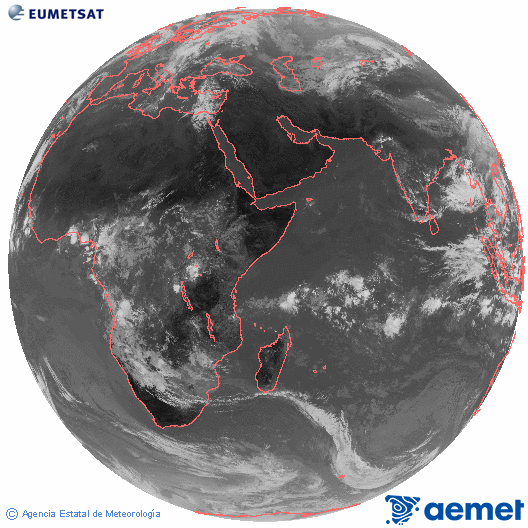 Ocano ndico. Imagen global del canal infrarrojo (10.8μm) de Meteosat, perteneciente a la serie MSG (Meteosat Segunda Generacin) y situado en 41.5° E. lunes, 03 noviembre 2025 a las 10:00