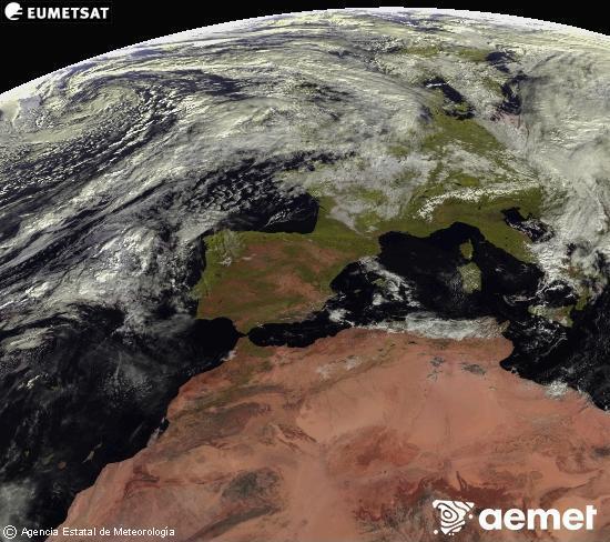 Esta imaxe xrase utilizando informacin das canles visibles do satlite METEOSAT pertencente  segunda xeracin de satlites  Meteosat (MSX). Por ese motivo, s hai informacin na zona iluminada polo sol. Ademais, as canles foron normalizadas para que o brillo non dependa da posicin do sol. luns, 3 novembro  2025 11:00