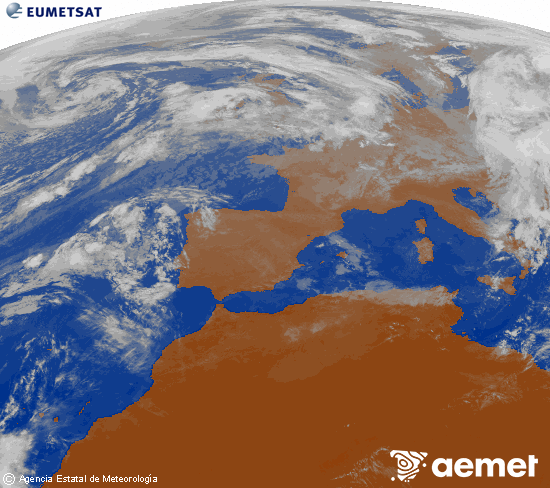 Imaxe da zona de Europa e Norte de frica da canle infravermella do satlite Meteosat operacional en 0N 0W, procesada para darlle cor. luns, 3 novembro  2025 11:00