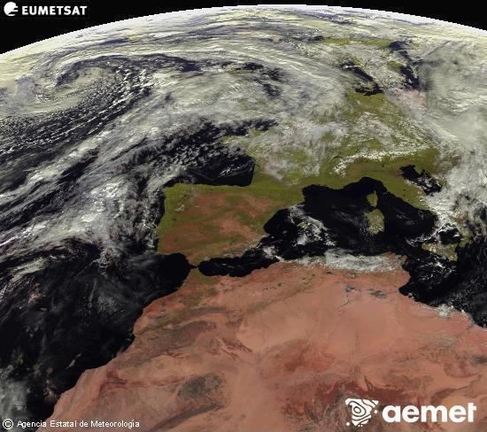 Esta imaxe xrase utilizando informacin das canles visibles do satlite METEOSAT pertencente  segunda xeracin de satlites  Meteosat (MSX). Por ese motivo, s hai informacin na zona iluminada polo sol. Ademais, as canles foron normalizadas para que o brillo non dependa da posicin do sol. luns, 3 novembro  2025 12:00