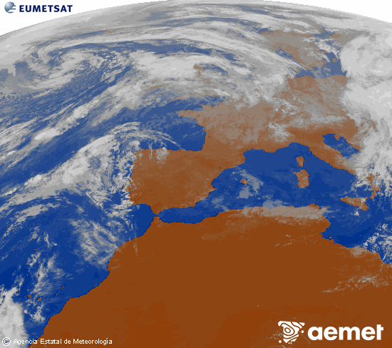 Imaxe da zona de Europa e Norte de frica da canle infravermella do satlite Meteosat operacional en 0N 0W, procesada para darlle cor. luns, 3 novembro  2025 13:00