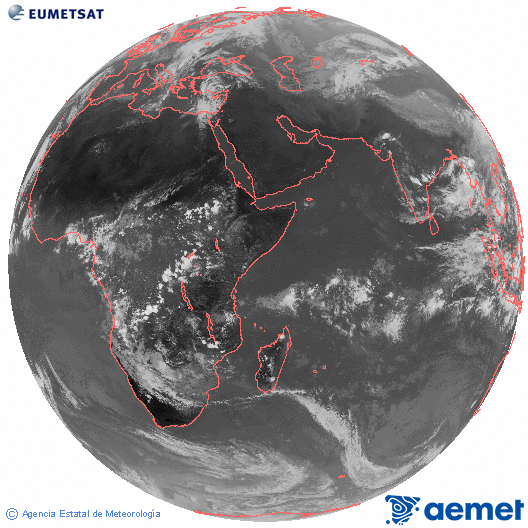 Ocano ndico. Imagen global del canal infrarrojo (10.8μm) de Meteosat, perteneciente a la serie MSG (Meteosat Segunda Generacin) y situado en 41.5° E. dilluns, 3 de novembre  2025 13:00