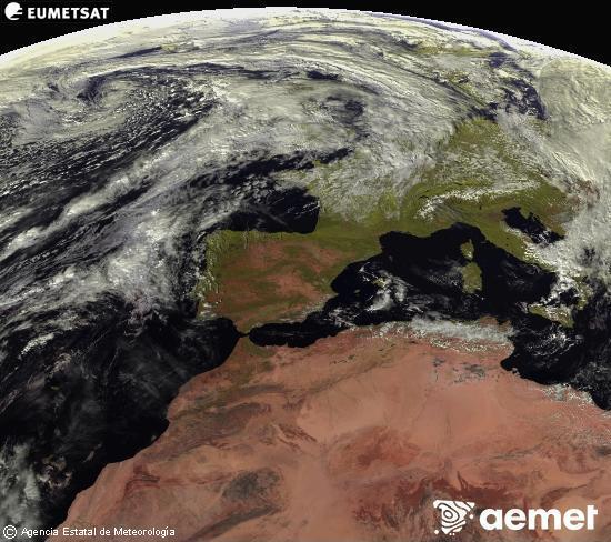 Esta imaxe xrase utilizando informacin das canles visibles do satlite METEOSAT pertencente  segunda xeracin de satlites  Meteosat (MSX). Por ese motivo, s hai informacin na zona iluminada polo sol. Ademais, as canles foron normalizadas para que o brillo non dependa da posicin do sol. luns, 3 novembro  2025 14:00