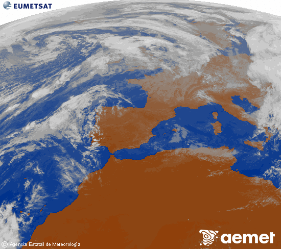 Imaxe da zona de Europa e Norte de frica da canle infravermella do satlite Meteosat operacional en 0N 0W, procesada para darlle cor. luns, 3 novembro  2025 14:00