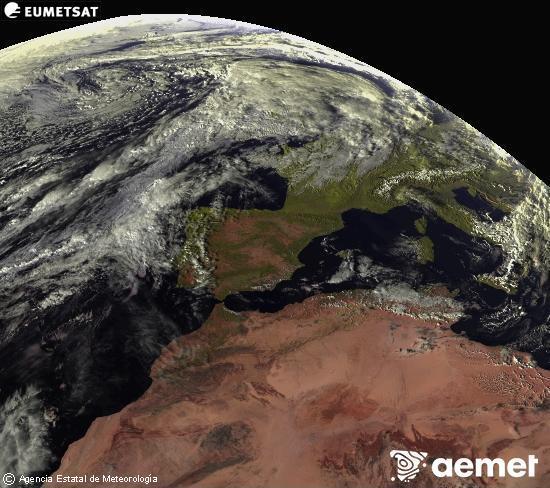 Esta imaxe xrase utilizando informacin das canles visibles do satlite METEOSAT pertencente  segunda xeracin de satlites  Meteosat (MSX). Por ese motivo, s hai informacin na zona iluminada polo sol. Ademais, as canles foron normalizadas para que o brillo non dependa da posicin do sol. luns, 3 novembro  2025 16:00
