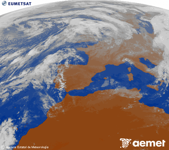 Imaxe da zona de Europa e Norte de frica da canle infravermella do satlite Meteosat operacional en 0N 0W, procesada para darlle cor. luns, 3 novembro  2025 16:00