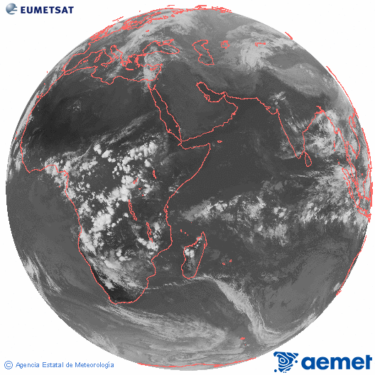 Ocano ndico. Imagen global del canal infrarrojo (10.8μm) de Meteosat, perteneciente a la serie MSG (Meteosat Segunda Generacin) y situado en 41.5° E. dilluns, 3 de novembre  2025 16:00