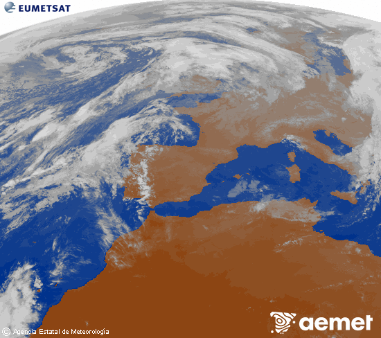 Imaxe da zona de Europa e Norte de frica da canle infravermella do satlite Meteosat operacional en 0N 0W, procesada para darlle cor. luns, 3 novembro  2025 17:00