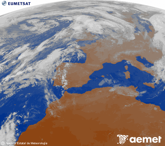 Imaxe da zona de Europa e Norte de frica da canle infravermella do satlite Meteosat operacional en 0N 0W, procesada para darlle cor. luns, 3 novembro  2025 18:00