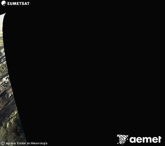 Esta imaxe xrase utilizando informacin das canles visibles do satlite METEOSAT pertencente  segunda xeracin de satlites  Meteosat (MSX). Por ese motivo, s hai informacin na zona iluminada polo sol. Ademais, as canles foron normalizadas para que o brillo non dependa da posicin do sol. luns, 3 novembro  2025 19:00