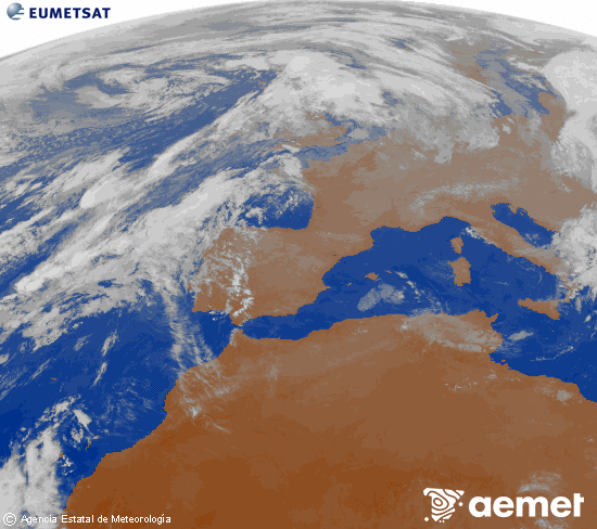 Imaxe da zona de Europa e Norte de frica da canle infravermella do satlite Meteosat operacional en 0N 0W, procesada para darlle cor. luns, 3 novembro  2025 19:00