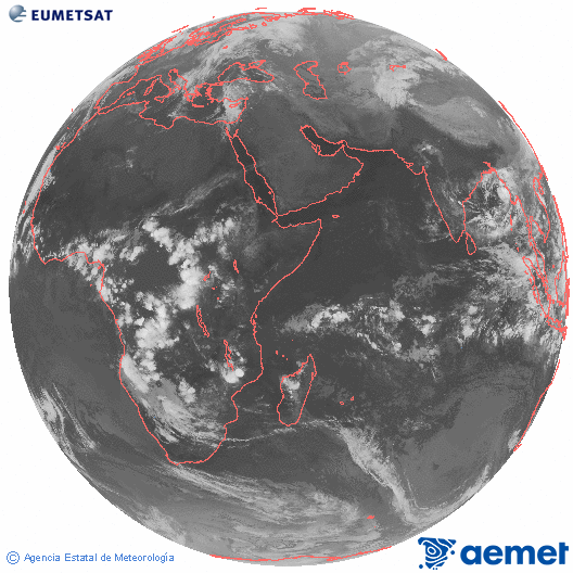 Ocano ndico. Imagen global del canal infrarrojo (10.8μm) de Meteosat, perteneciente a la serie MSG (Meteosat Segunda Generacin) y situado en 41.5° E. dilluns, 3 de novembre  2025 19:00