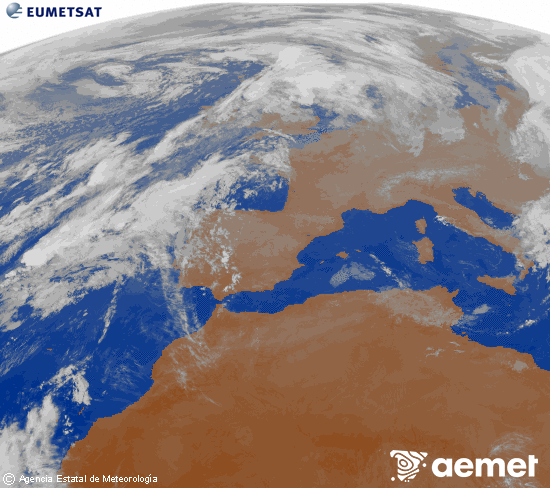 Imaxe da zona de Europa e Norte de frica da canle infravermella do satlite Meteosat operacional en 0N 0W, procesada para darlle cor. luns, 3 novembro  2025 20:00