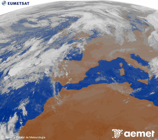 Imaxe da zona de Europa e Norte de frica da canle infravermella do satlite Meteosat operacional en 0N 0W, procesada para darlle cor. luns, 3 novembro  2025 21:00