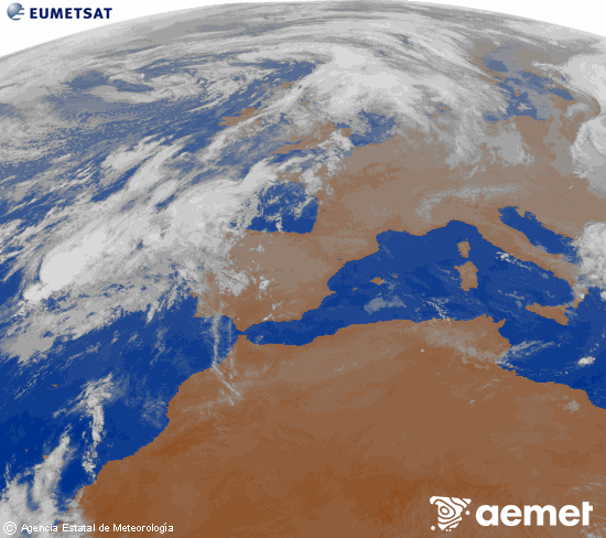 Imaxe da zona de Europa e Norte de frica da canle infravermella do satlite Meteosat operacional en 0N 0W, procesada para darlle cor. luns, 3 novembro  2025 22:00