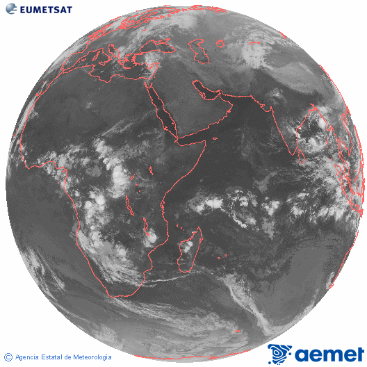 Ocano ndico. Imagen global del canal infrarrojo (10.8μm) de Meteosat, perteneciente a la serie MSG (Meteosat Segunda Generacin) y situado en 41.5° E. dilluns, 3 de novembre  2025 22:00