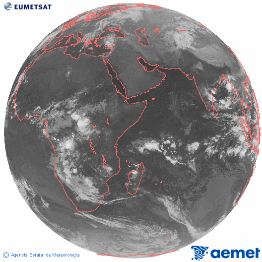 Ocano ndico. Imagen global del canal infrarrojo (10.8μm) de Meteosat, perteneciente a la serie MSG (Meteosat Segunda Generacin) y situado en 41.5° E. dimarts, 4 de novembre  2025 01:00