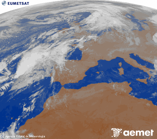 Imagen de la zona de Europa y Norte de frica del canal infrarrojo del satlite Meteosat operacional en 0N 0W, procesada para darle color. mardi, 4 novembre  2025 02:00