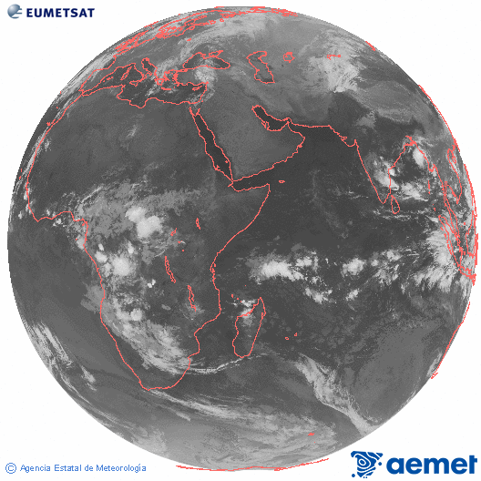 Ocano ndico. Imagen global del canal infrarrojo (10.8μm) de Meteosat, perteneciente a la serie MSG (Meteosat Segunda Generacin) y situado en 41.5° E. dimarts, 4 de novembre  2025 04:00