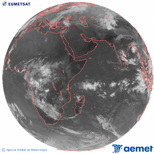 Ocano ndico. Imagen global del canal infrarrojo (10.8μm) de Meteosat, perteneciente a la serie MSG (Meteosat Segunda Generacin) y situado en 41.5° E. dimarts, 4 de novembre  2025 07:00