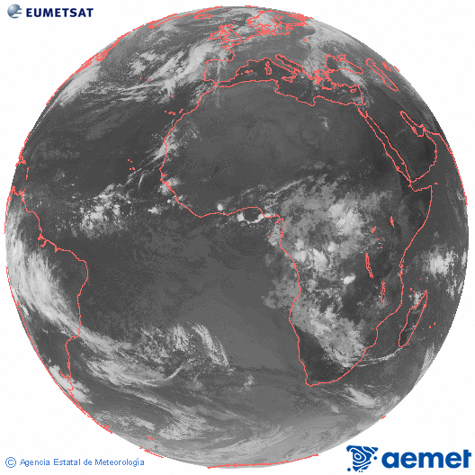Imagen global del canal infrarrojo (10.8 μm) del satlite Meteosat, perteneciente a la serie MSG (Meteosat Segunda Generacin) y situado en 0N 0E. dimarts, 4 de novembre  2025 07:00