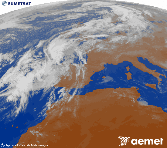 Imagen de la zona de Europa y Norte de frica del canal infrarrojo del satlite Meteosat operacional en 0N 0W, procesada para darle color. asteartea, 2025ko azaroak 04, ordua: 10:00