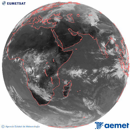 Ocano ndico. Imagen global del canal infrarrojo (10.8μm) de Meteosat, perteneciente a la serie MSG (Meteosat Segunda Generacin) y situado en 41.5° E. dimarts, 4 de novembre  2025 10:00