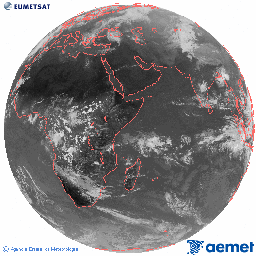 Ocano ndico. Imagen global del canal infrarrojo (10.8μm) de Meteosat, perteneciente a la serie MSG (Meteosat Segunda Generacin) y situado en 41.5° E. dimarts, 4 de novembre  2025 13:00