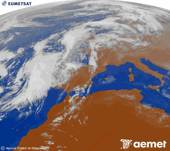Imagen de la zona de Europa y Norte de frica del canal infrarrojo del satlite Meteosat operacional en 0N 0W, procesada para darle color. asteartea, 2025ko azaroak 04, ordua: 15:00