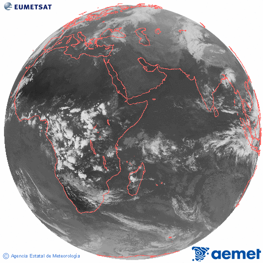 Ocano ndico. Imagen global del canal infrarrojo (10.8μm) de Meteosat, perteneciente a la serie MSG (Meteosat Segunda Generacin) y situado en 41.5° E. dimarts, 4 de novembre  2025 16:00