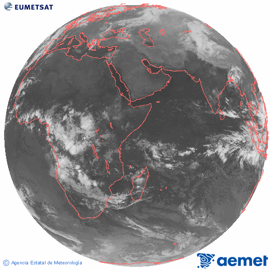 Ocano ndico. Imagen global del canal infrarrojo (10.8μm) de Meteosat, perteneciente a la serie MSG (Meteosat Segunda Generacin) y situado en 41.5° E. martes, 04 noviembre 2025 a las 22:00