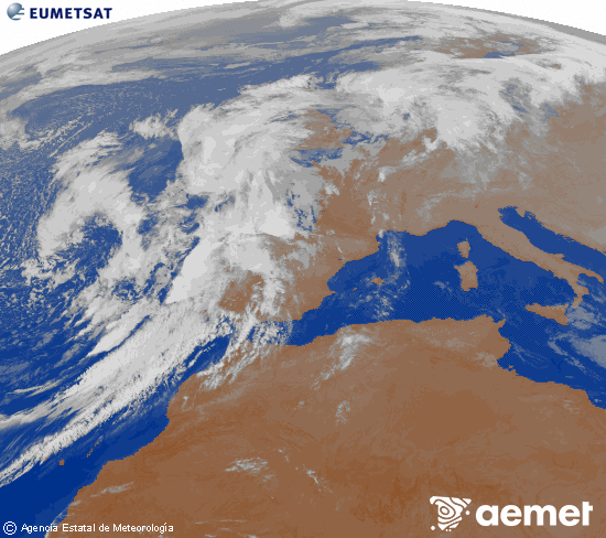 Imagen de la zona de Europa y Norte de frica del canal infrarrojo del satlite Meteosat operacional en 0N 0W, procesada para darle color. asteazkena, 2025ko azaroak 05, ordua: 01:00