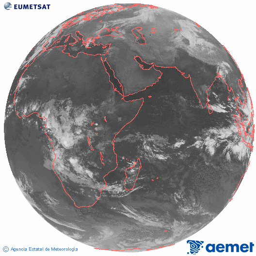 Ocano ndico. Imagen global del canal infrarrojo (10.8μm) de Meteosat, perteneciente a la serie MSG (Meteosat Segunda Generacin) y situado en 41.5° E. mircoles, 05 noviembre 2025 a las 01:00
