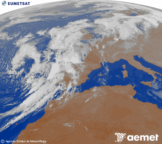 Imagen de la zona de Europa y Norte de frica del canal infrarrojo del satlite Meteosat operacional en 0N 0W, procesada para darle color. asteazkena, 2025ko azaroak 05, ordua: 02:00