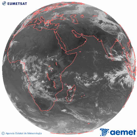 Ocano ndico. Imagen global del canal infrarrojo (10.8μm) de Meteosat, perteneciente a la serie MSG (Meteosat Segunda Generacin) y situado en 41.5° E. mircoles, 05 noviembre 2025 a las 07:00