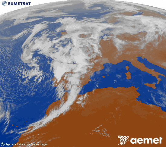 Imagen de la zona de Europa y Norte de frica del canal infrarrojo del satlite Meteosat operacional en 0N 0W, procesada para darle color. dimecres, 5 de novembre  2025 11:00