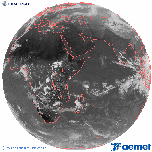 Ocano ndico. Imagen global del canal infrarrojo (10.8μm) de Meteosat, perteneciente a la serie MSG (Meteosat Segunda Generacin) y situado en 41.5° E. mircoles, 05 noviembre 2025 a las 13:00