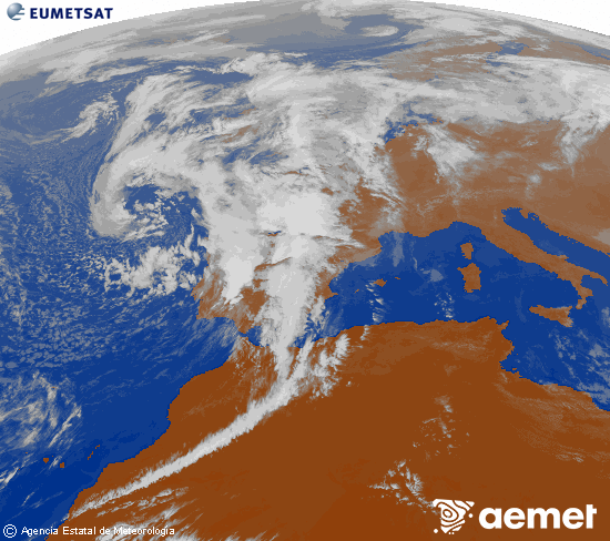 Imagen de la zona de Europa y Norte de frica del canal infrarrojo del satlite Meteosat operacional en 0N 0W, procesada para darle color. dimecres, 5 de novembre  2025 14:00